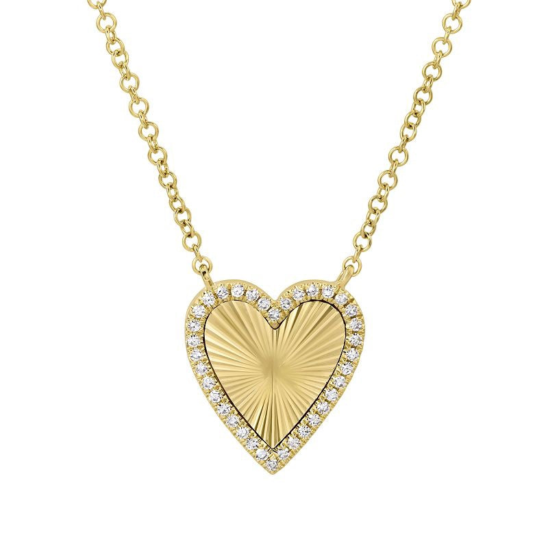 Small Gold Fluted and Diamond Heart Necklace