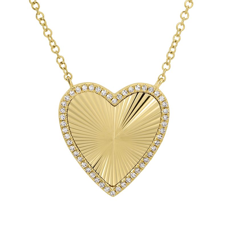 Gold Fluted and Diamond Heart Necklace