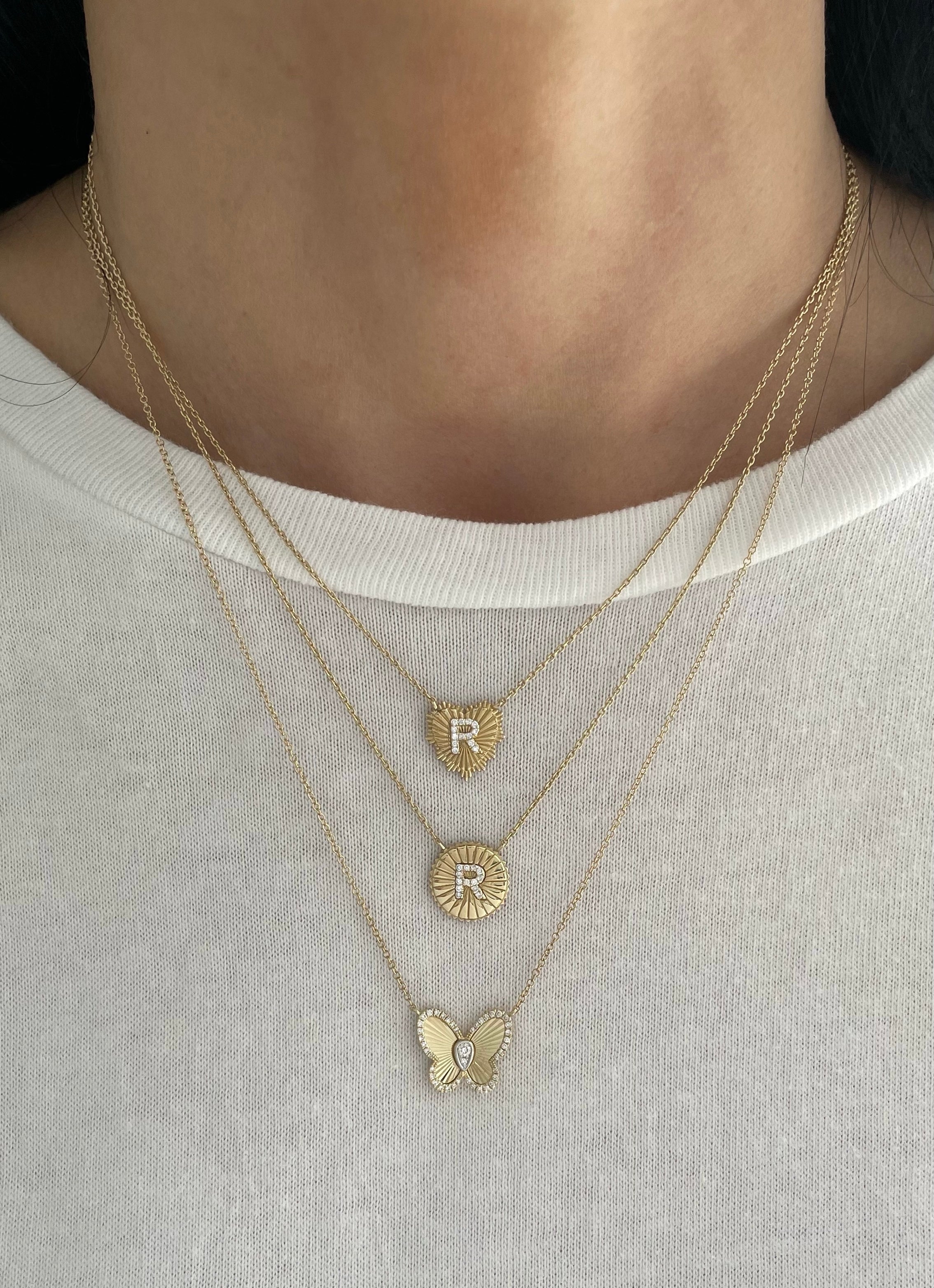 Fluted Heart Diamond Letter Necklace