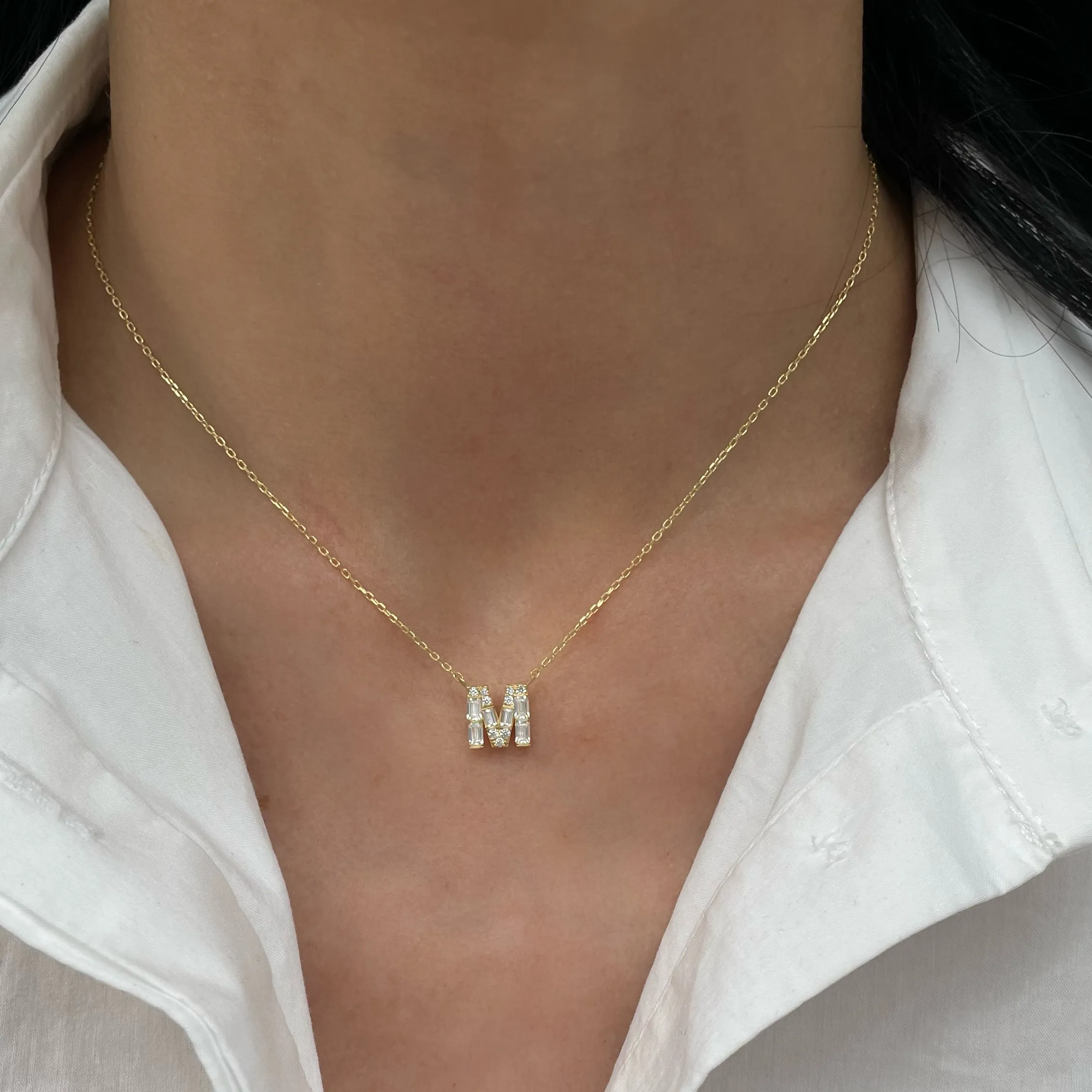 Baguette and Round Diamond Initial Necklace