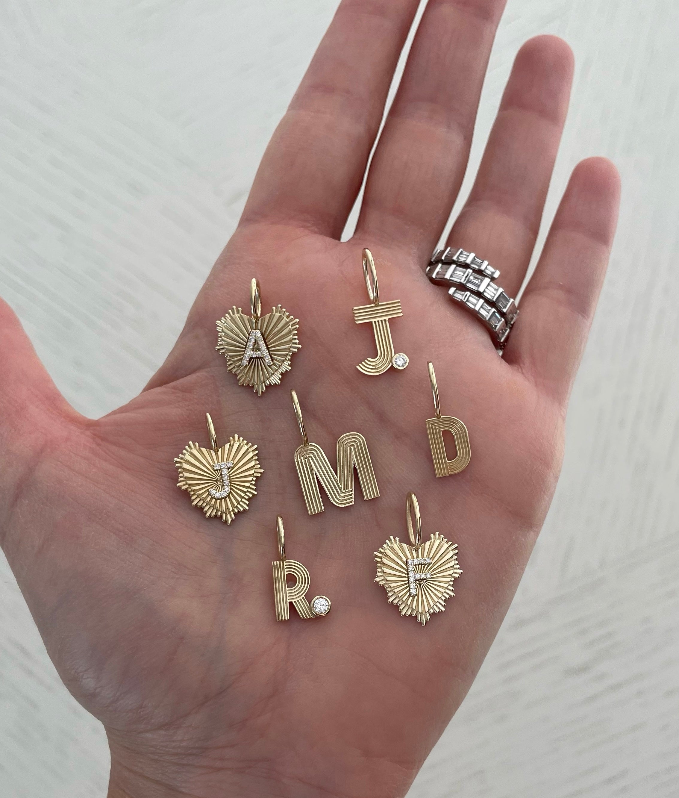 Small Retro Fluted Letter Charm with Stone Accent