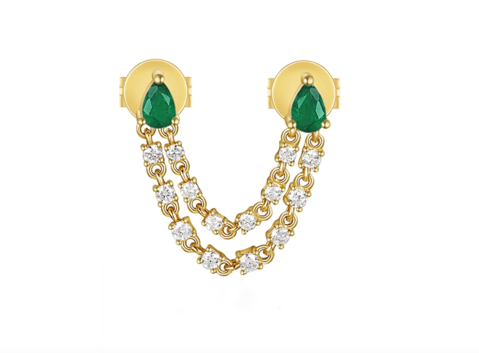 Pear Emerald Double Diamond Chain Earring