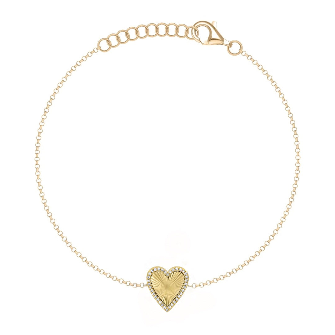 Small Gold Fluted and Diamond Heart Bracelet