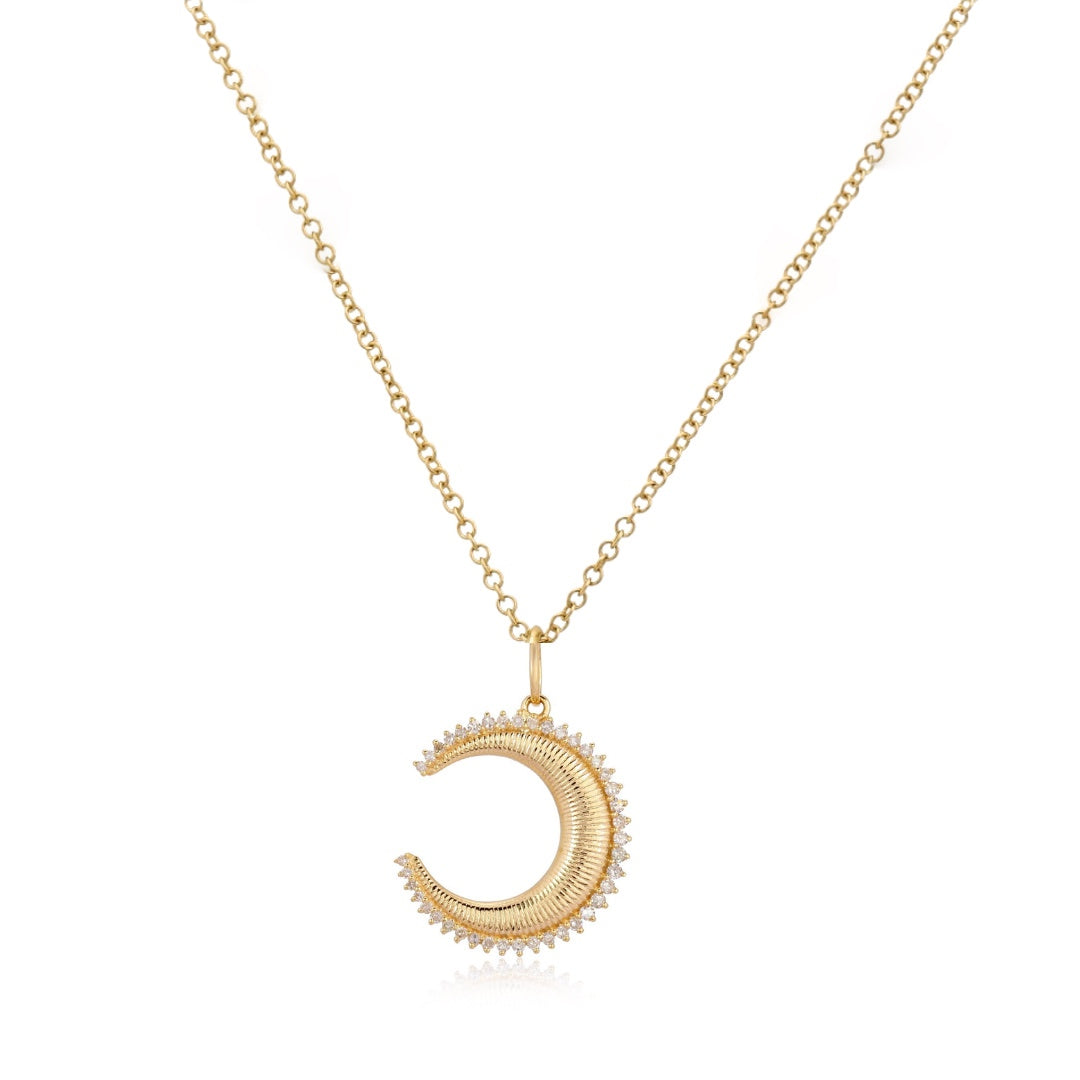 Diamond and Gold Fluted Crescent Moon Necklace