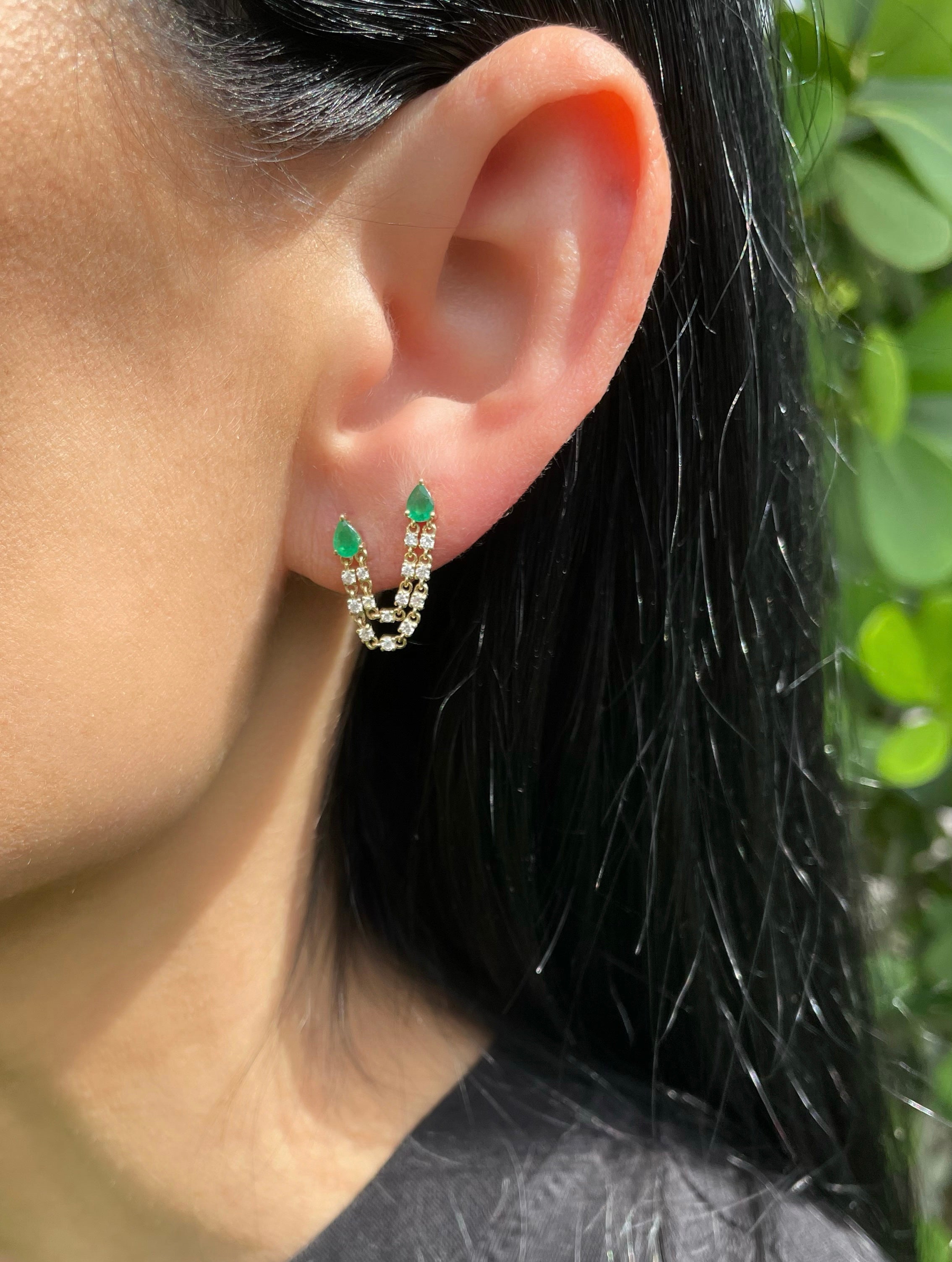 Pear Emerald Double Diamond Chain Earring