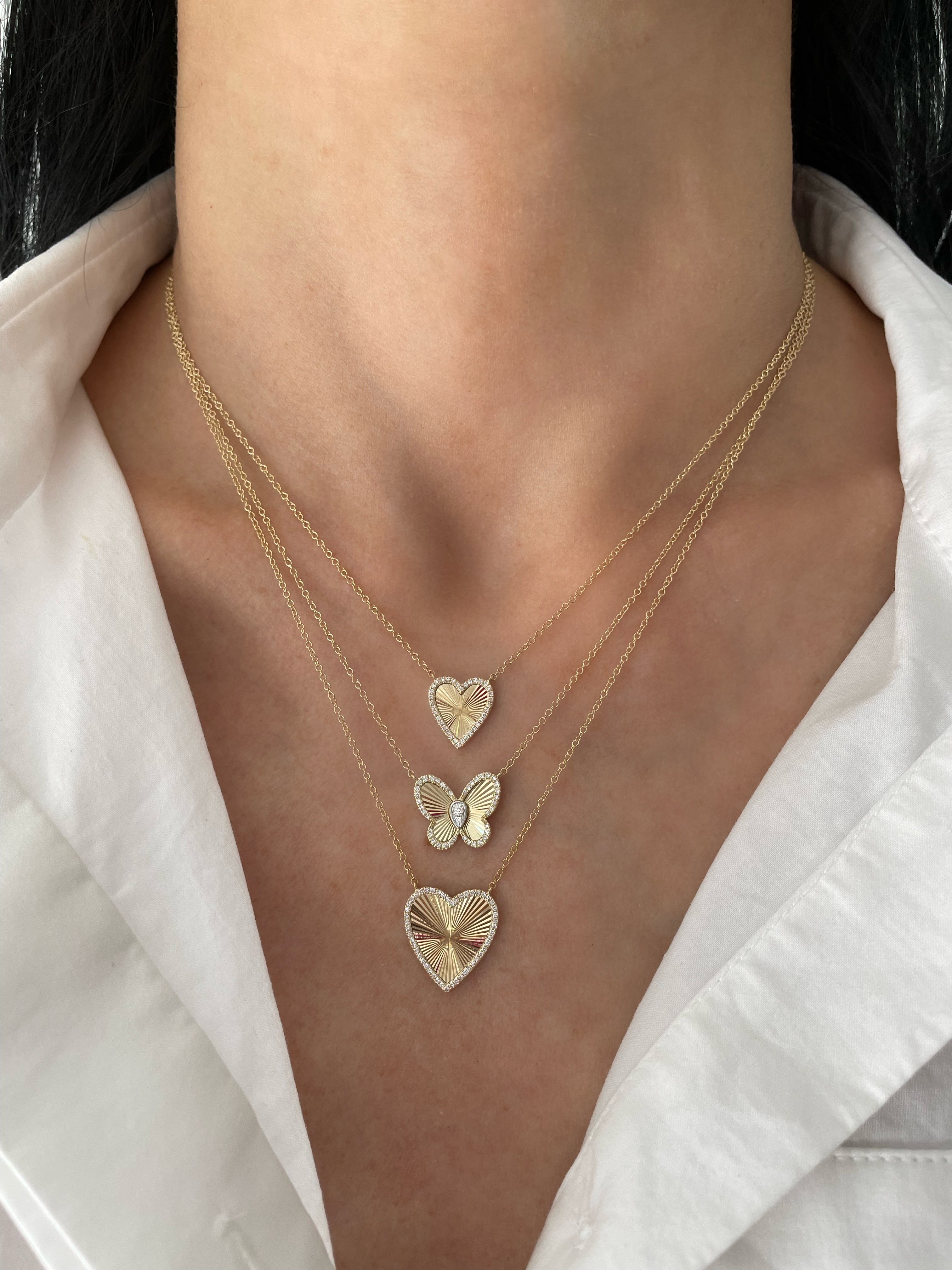 Small Gold Fluted and Diamond Heart Necklace