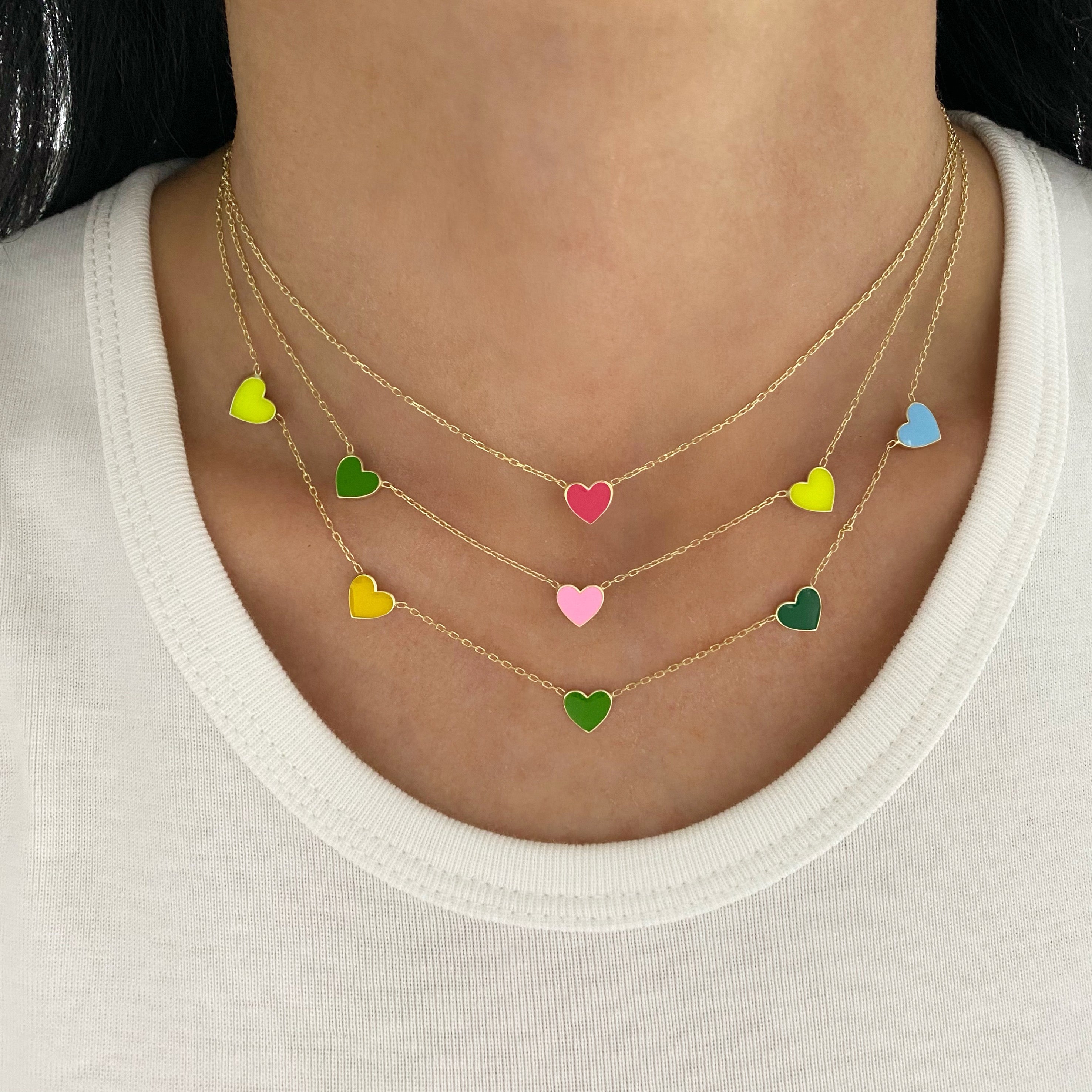 Multi Heart Enamel Necklace - 3 Hearts
